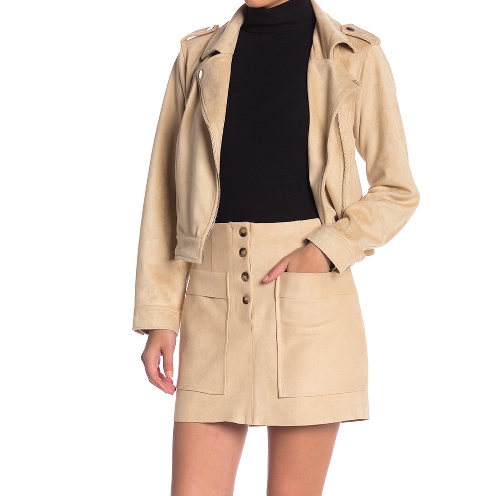 NWT NAKED ZEBRA Vegan Minimalist Retro Luxury Tan Microsuede Mini Skirt, S - Picture 3 of 9